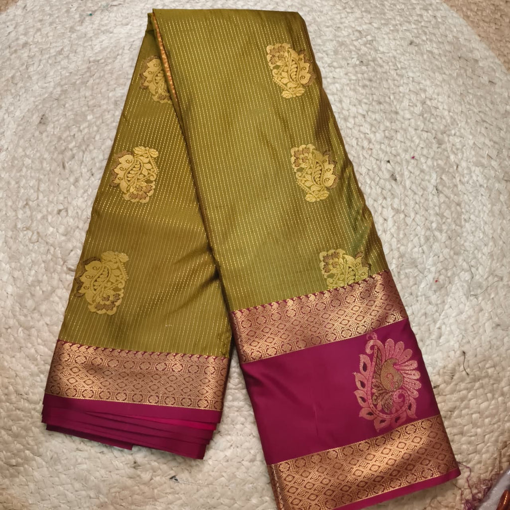 Semi Kanchipuram Silk Saree- Olive Green and Magenta
