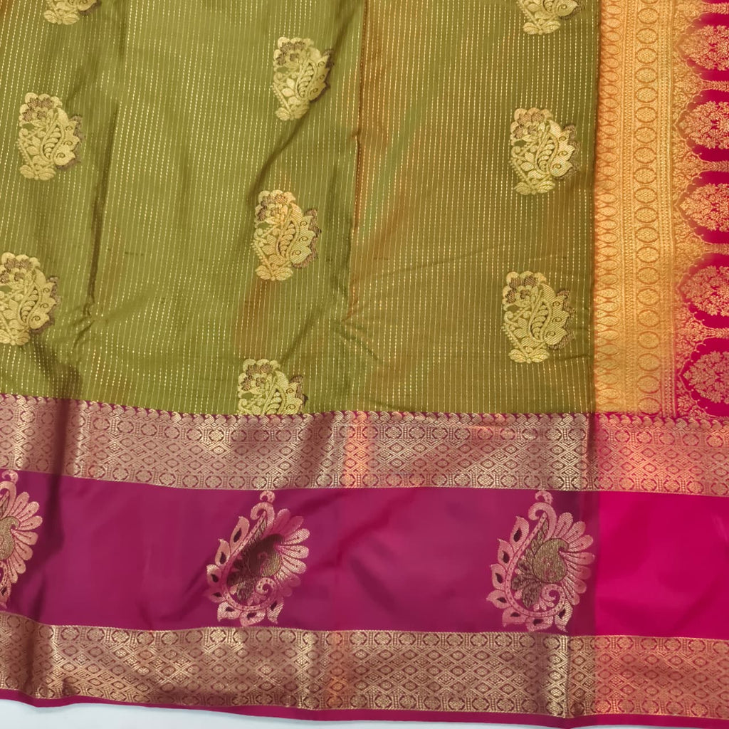 Semi Kanchipuram Silk Saree- Olive Green and Magenta