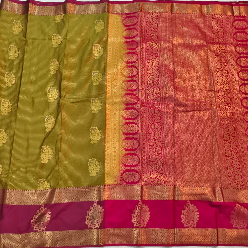 Semi Kanchipuram Silk Saree- Olive Green and Magenta
