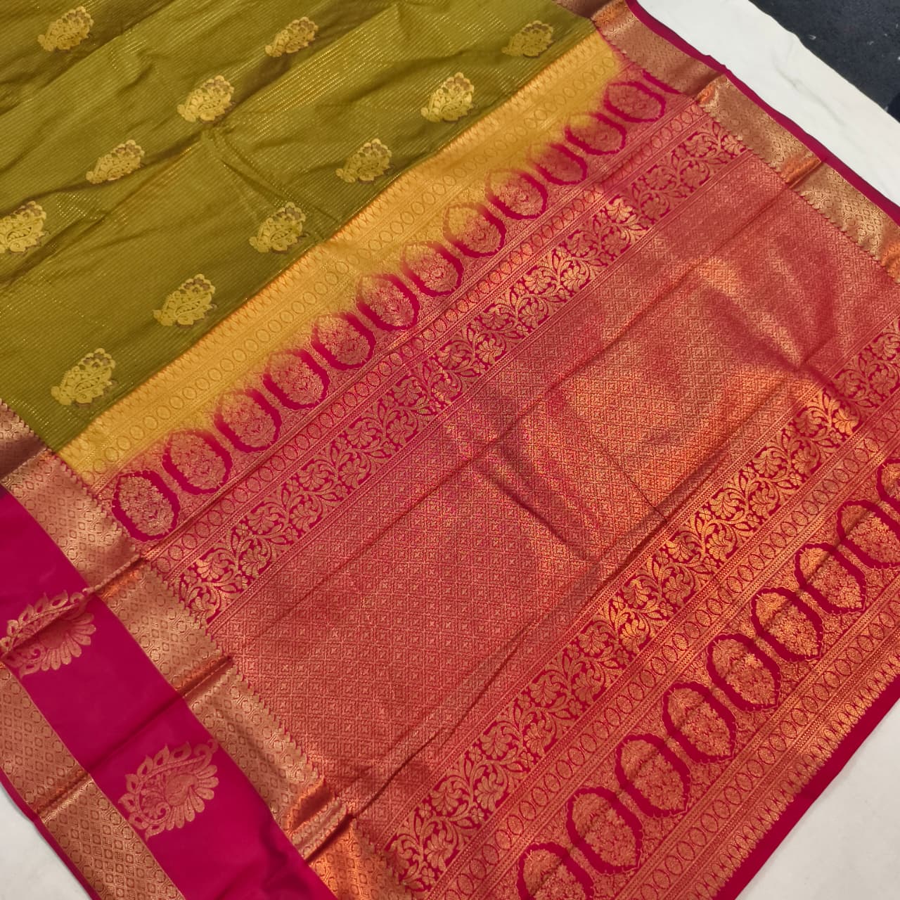 Semi Kanchipuram Silk Saree- Olive Green and Magenta