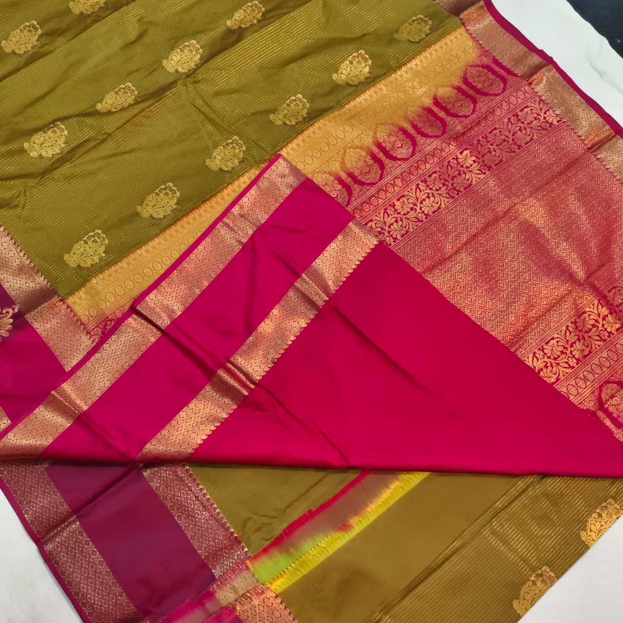 Semi Kanchipuram Silk Saree- Olive Green and Magenta