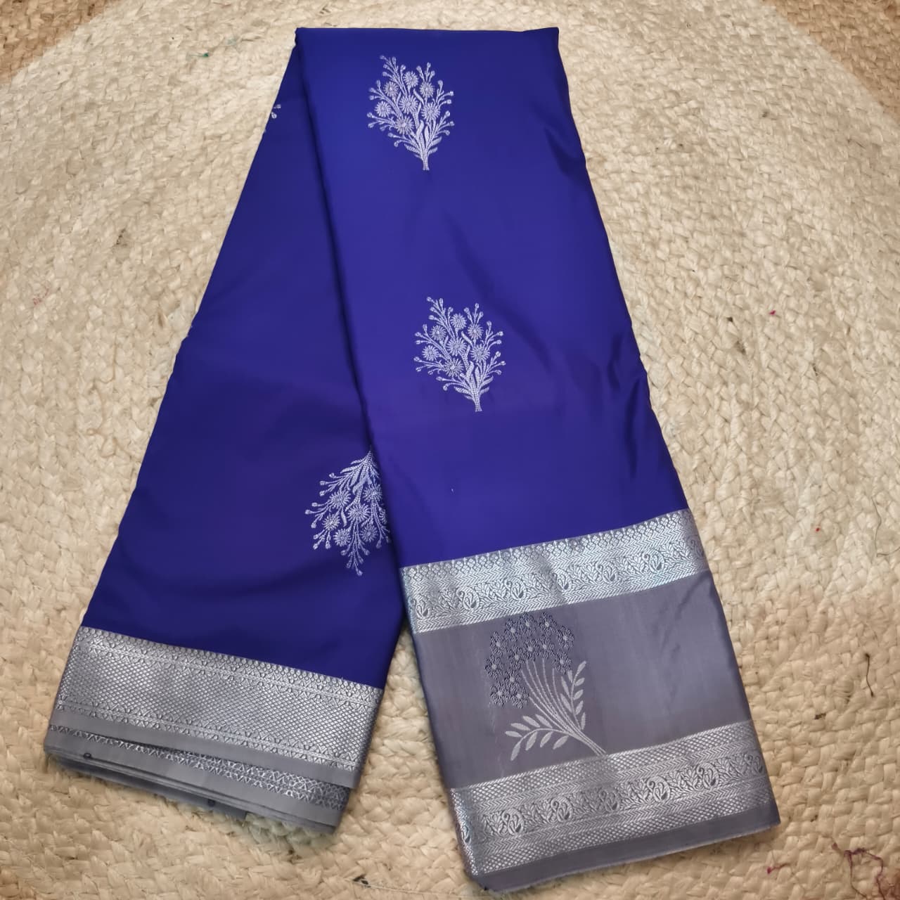 Semi Kanchipuram Silk Saree- Royal Blue and Grey Contrast