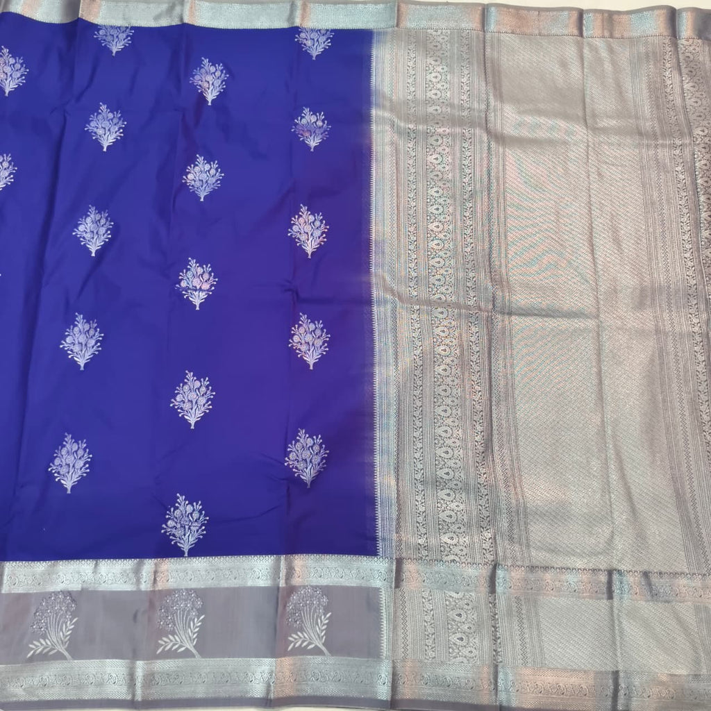 Semi Kanchipuram Silk Saree- Royal Blue and Grey Contrast