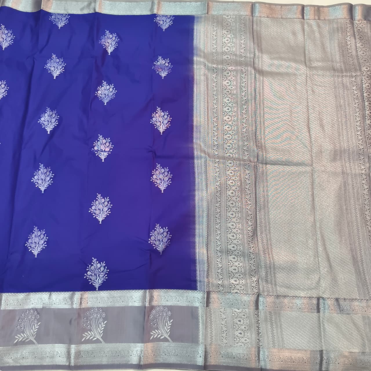 Semi Kanchipuram Silk Saree- Royal Blue and Grey Contrast