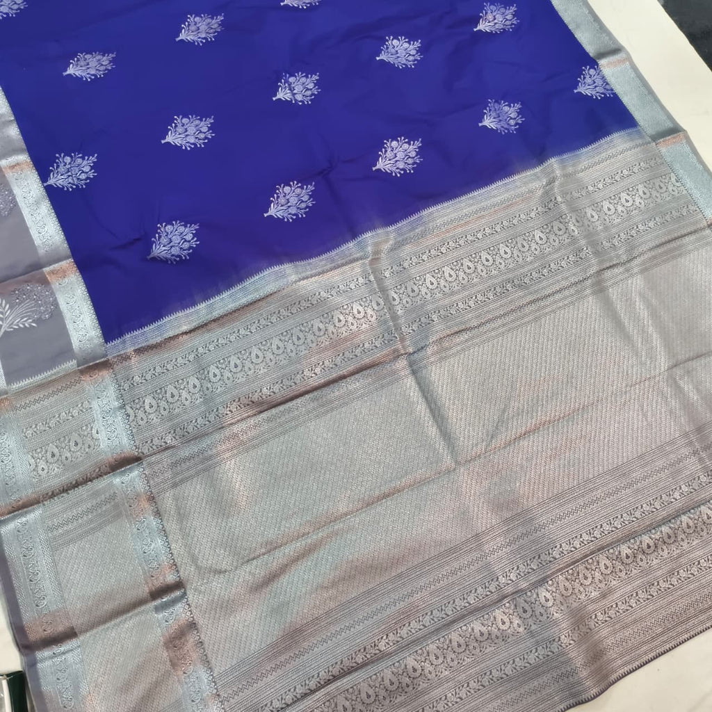 Semi Kanchipuram Silk Saree- Royal Blue and Grey Contrast