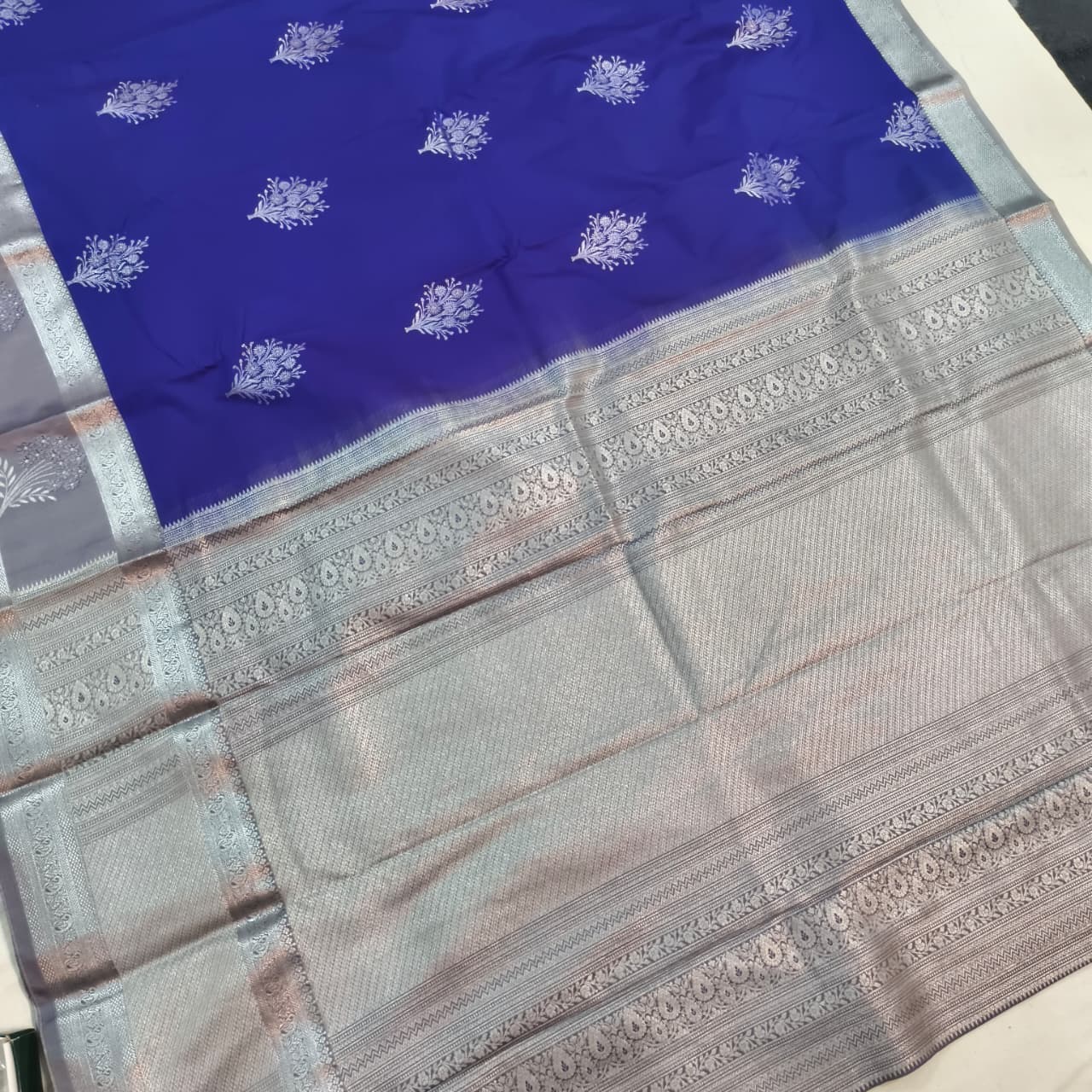 Semi Kanchipuram Silk Saree- Royal Blue and Grey Contrast
