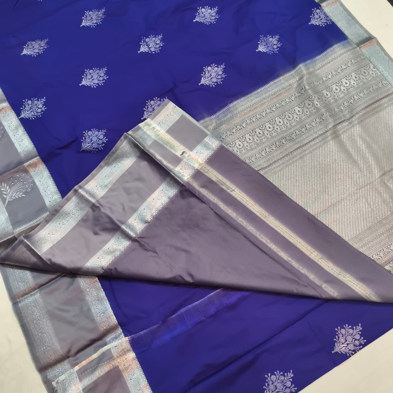 Semi Kanchipuram Silk Saree- Royal Blue and Grey Contrast