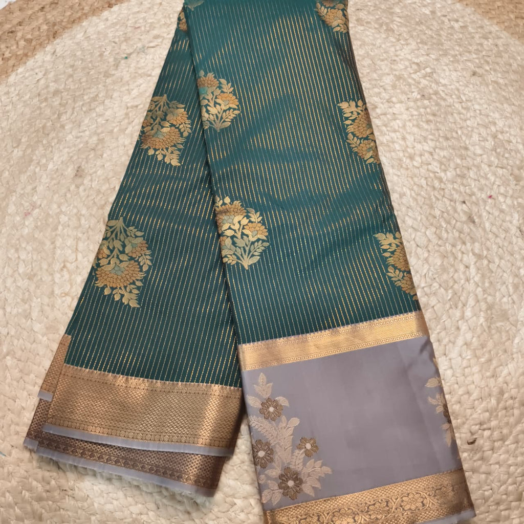 Semi Kanchipuram Silk Saree- Dark Green and Grey