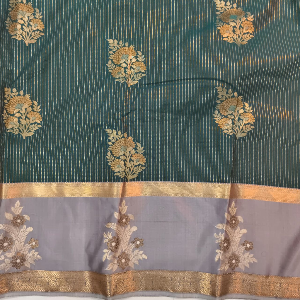 Semi Kanchipuram Silk Saree- Dark Green and Grey