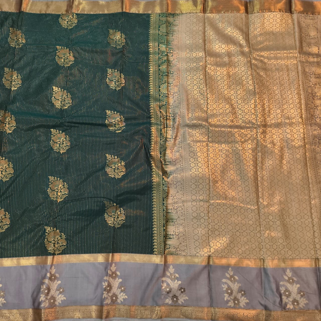 Semi Kanchipuram Silk Saree- Dark Green and Grey