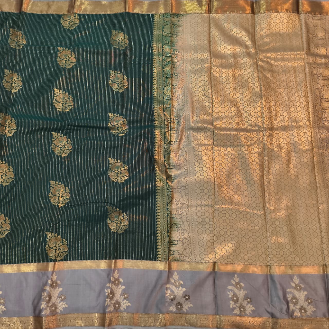 Semi Kanchipuram Silk Saree- Dark Green and Grey