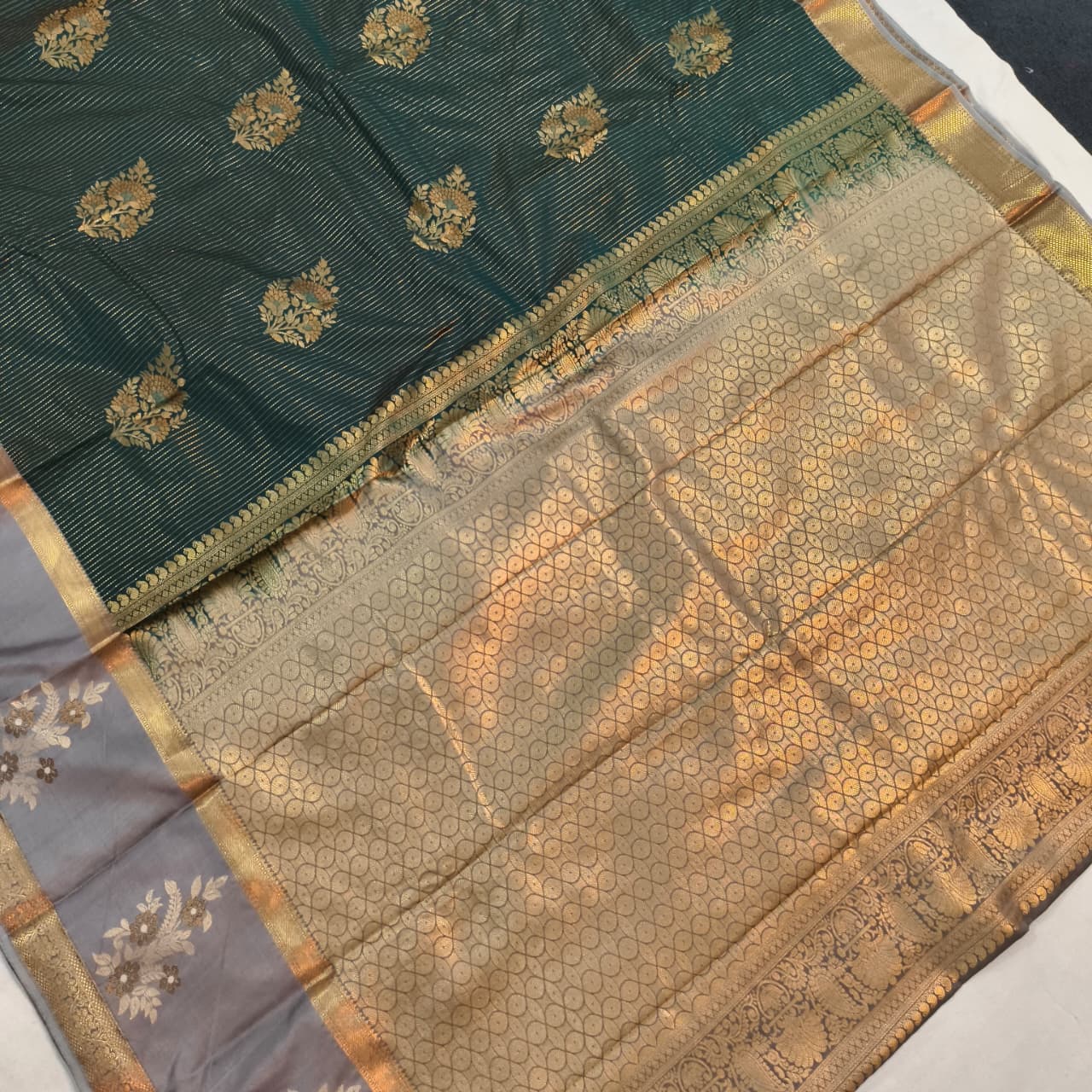 Semi Kanchipuram Silk Saree- Dark Green and Grey