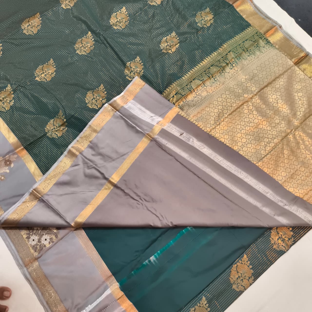 Semi Kanchipuram Silk Saree- Dark Green and Grey
