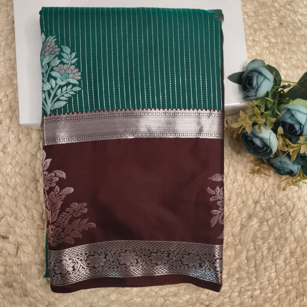 Semi Kanchipuram Silk Saree- Dark Rama Green and Deep Chocolate Contrast