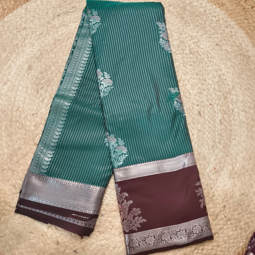 Semi Kanchipuram Silk Saree- Dark Rama Green and Deep Chocolate Contrast