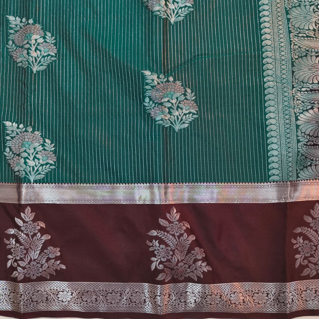 Semi Kanchipuram Silk Saree- Dark Rama Green and Deep Chocolate Contrast
