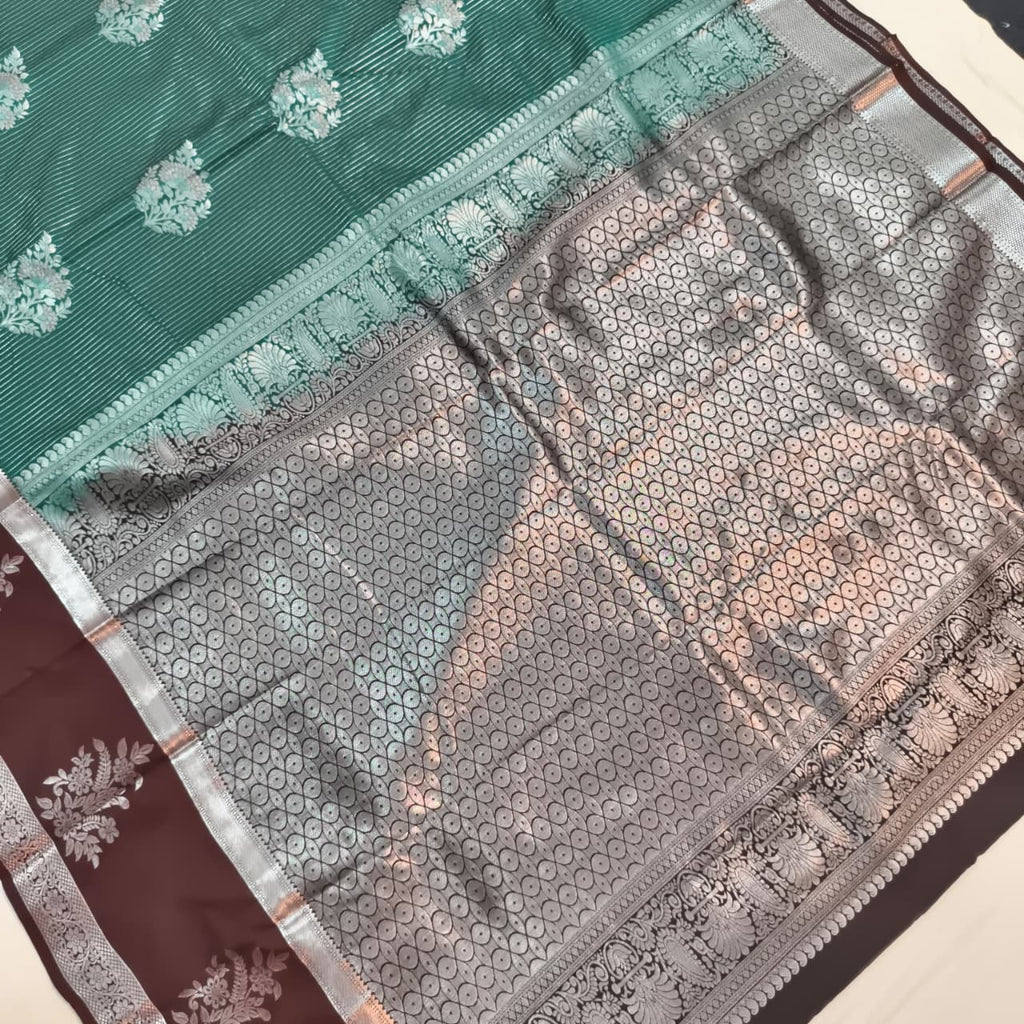 Semi Kanchipuram Silk Saree- Dark Rama Green and Deep Chocolate Contrast
