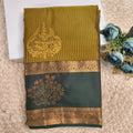 Semi Kanchipuram Silk Saree- Olive Green and Dark Green Contrast