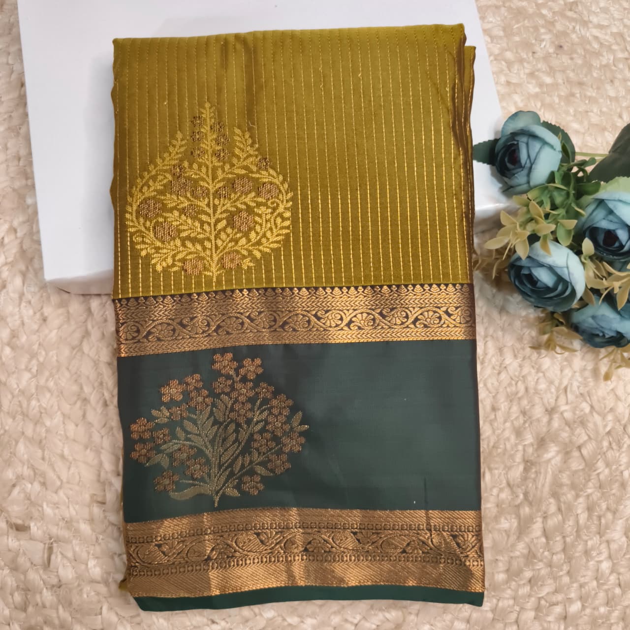 Semi Kanchipuram Silk Saree- Olive Green and Dark Green Contrast