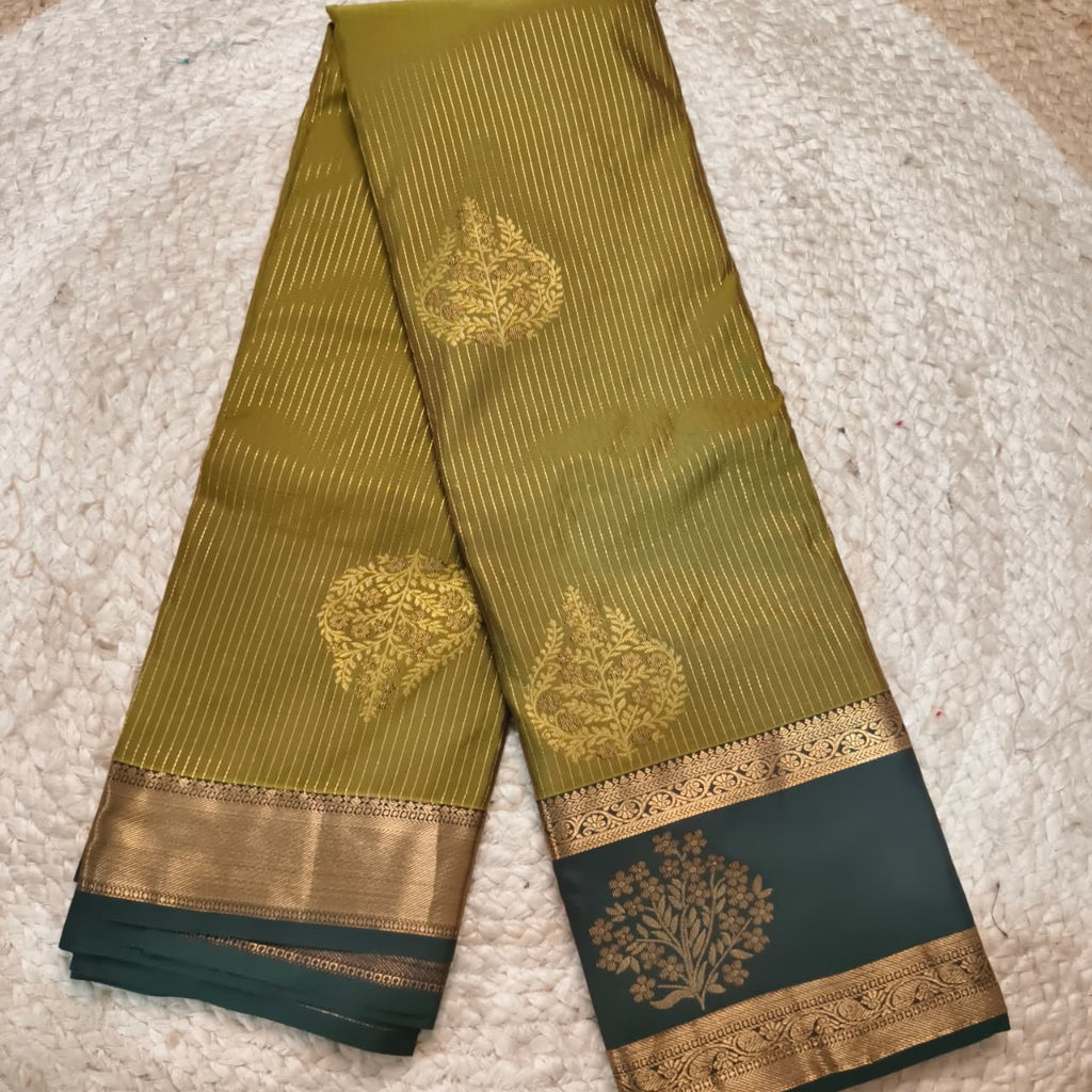 Semi Kanchipuram Silk Saree- Olive Green and Dark Green Contrast