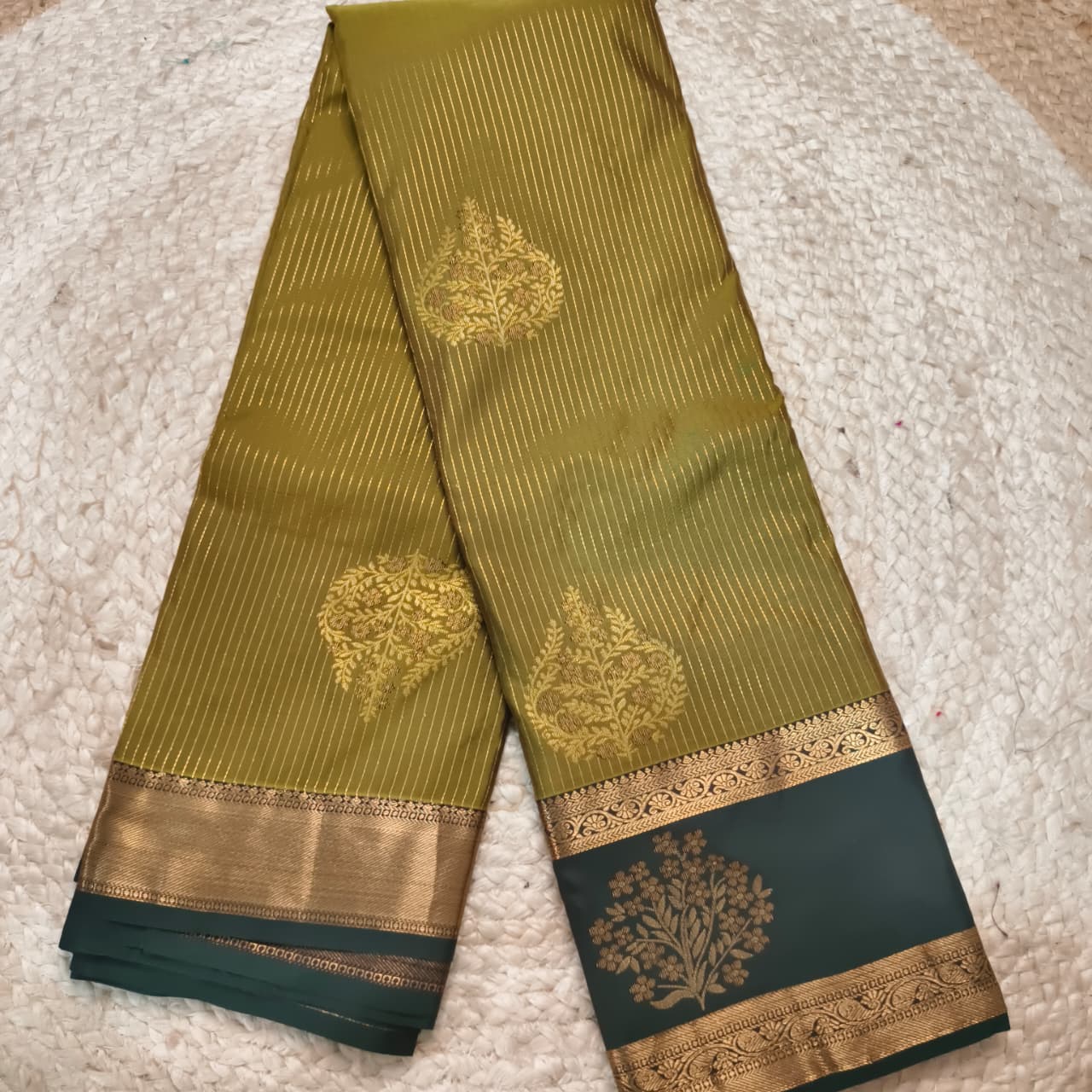 Semi Kanchipuram Silk Saree- Olive Green and Dark Green Contrast
