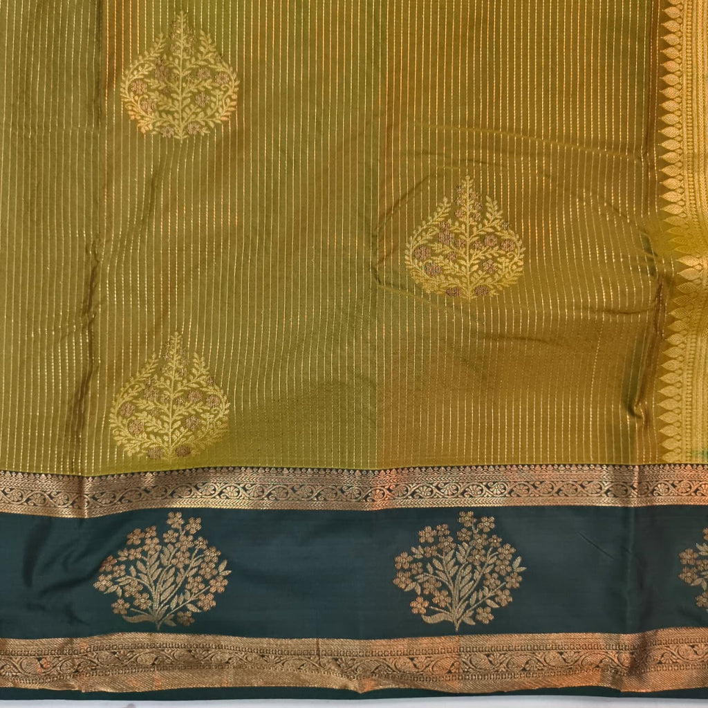 Semi Kanchipuram Silk Saree- Olive Green and Dark Green Contrast