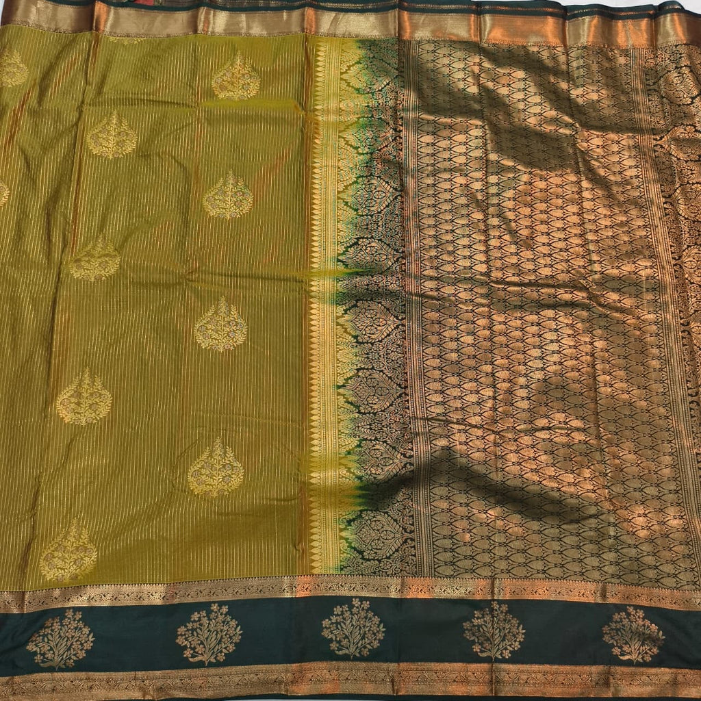 Semi Kanchipuram Silk Saree- Olive Green and Dark Green Contrast