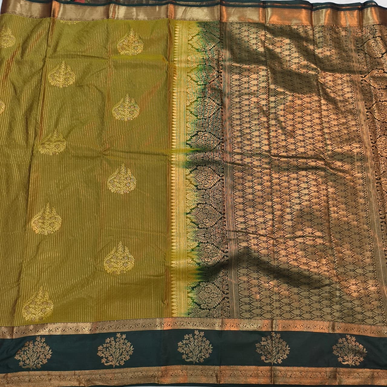 Semi Kanchipuram Silk Saree- Olive Green and Dark Green Contrast