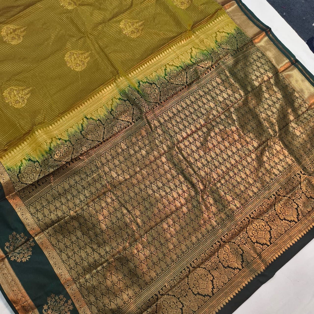 Semi Kanchipuram Silk Saree- Olive Green and Dark Green Contrast