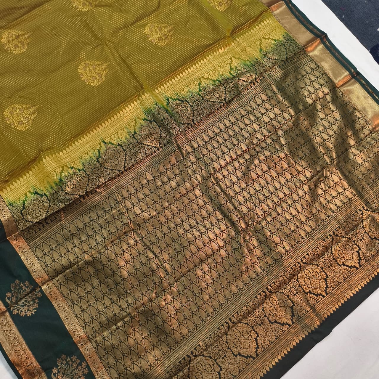 Semi Kanchipuram Silk Saree- Olive Green and Dark Green Contrast