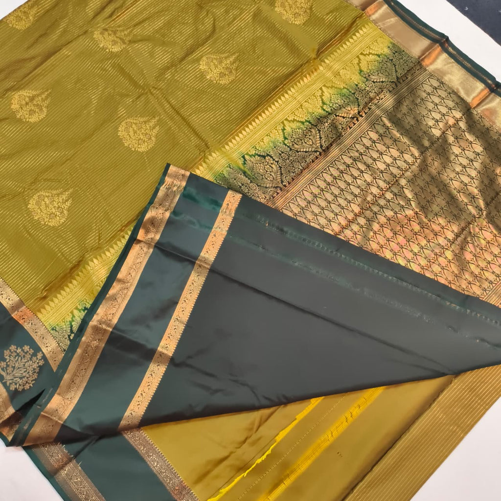 Semi Kanchipuram Silk Saree- Olive Green and Dark Green Contrast