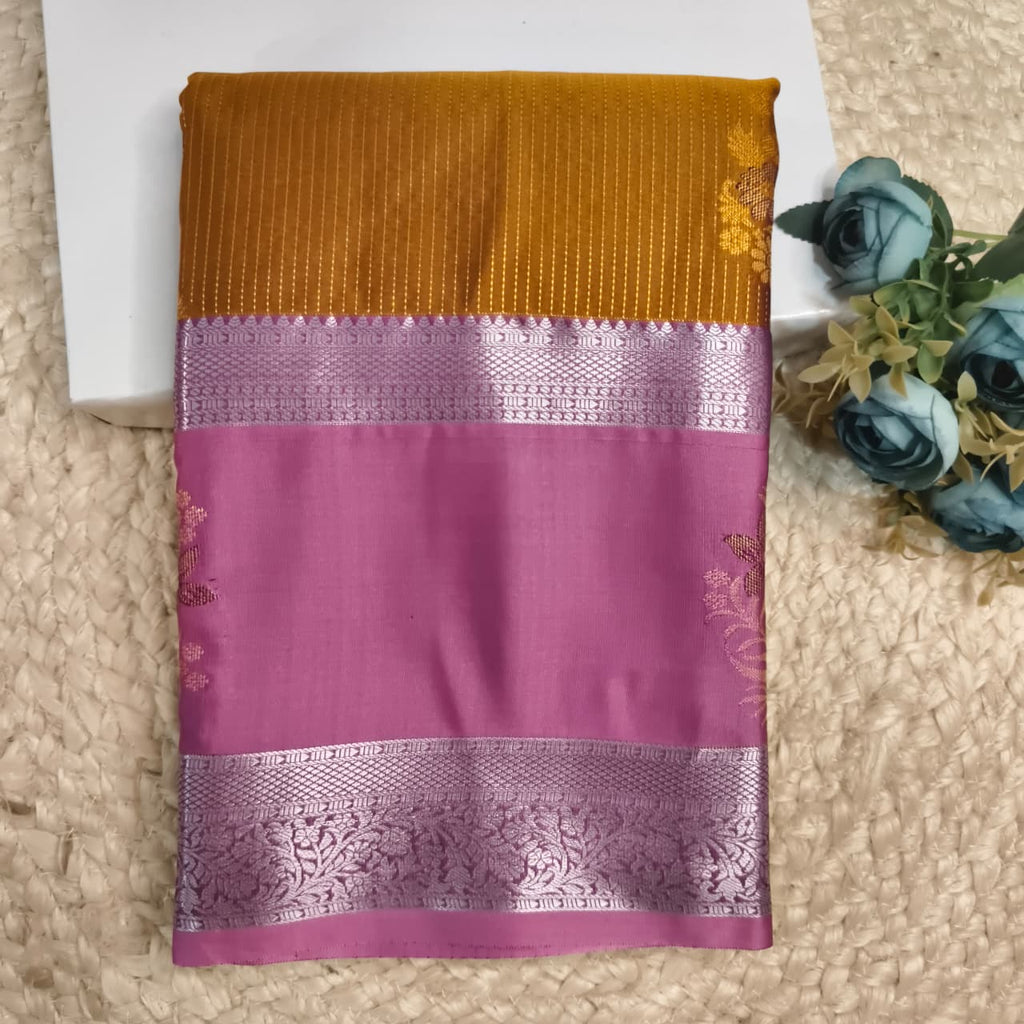Semi Kanchipuram Silk Saree- Golden Yellow and Light Pink Contrast