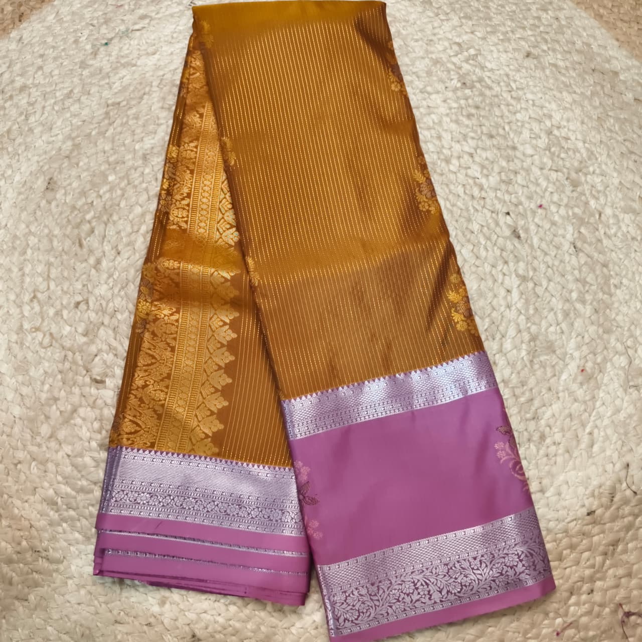 Semi Kanchipuram Silk Saree- Golden Yellow and Light Pink Contrast