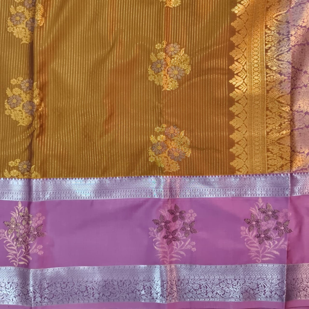Semi Kanchipuram Silk Saree- Golden Yellow and Light Pink Contrast
