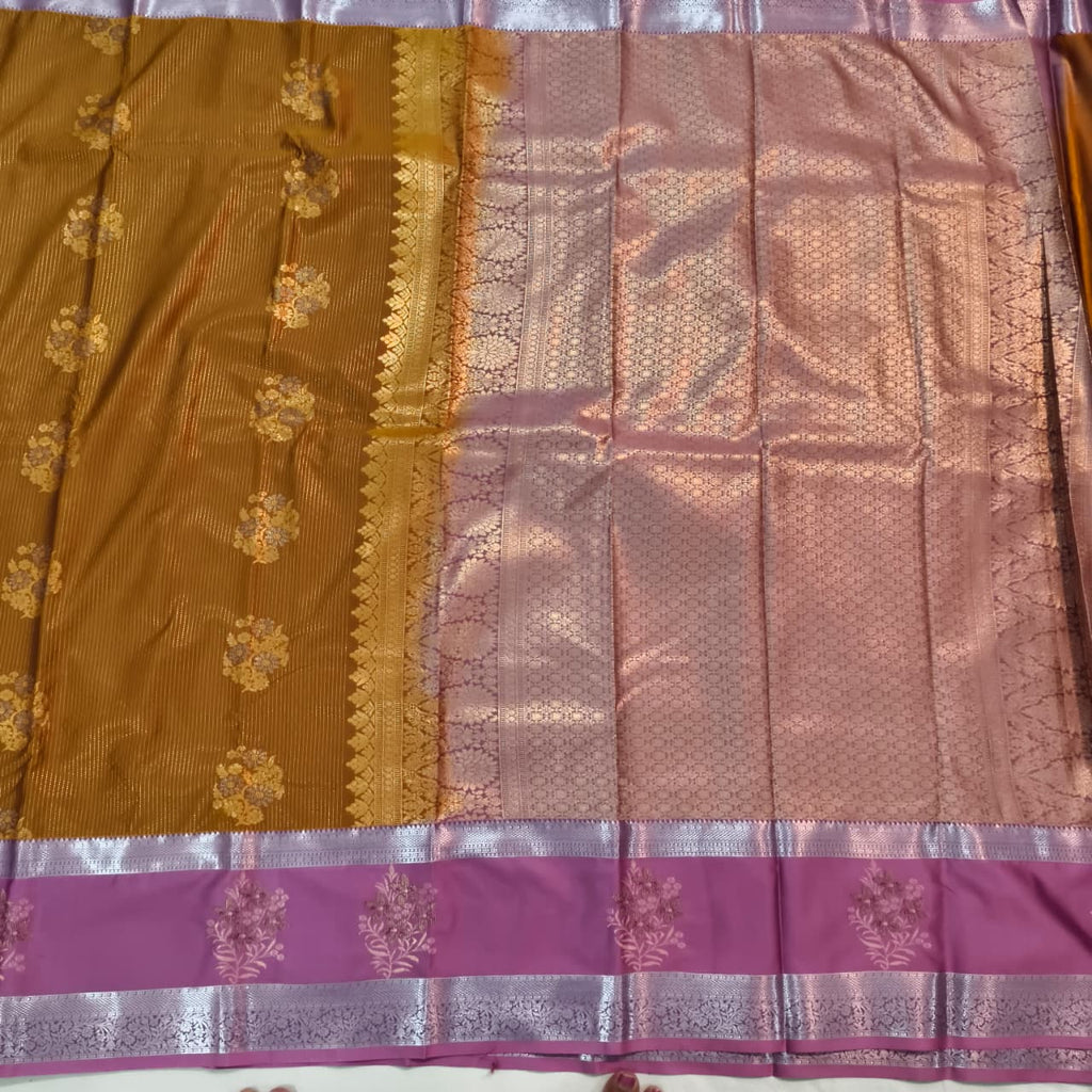 Semi Kanchipuram Silk Saree- Golden Yellow and Light Pink Contrast