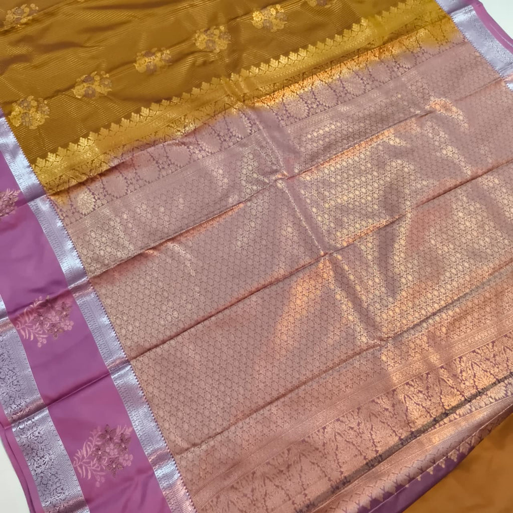 Semi Kanchipuram Silk Saree- Golden Yellow and Light Pink Contrast