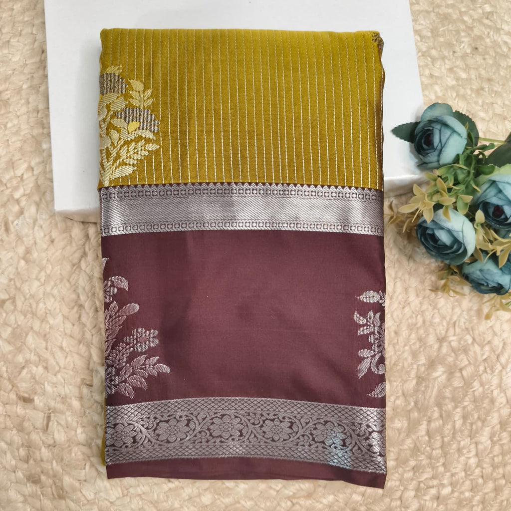 Semi Kanchipuram Silk Saree- Olive Green and Deep Chocolate