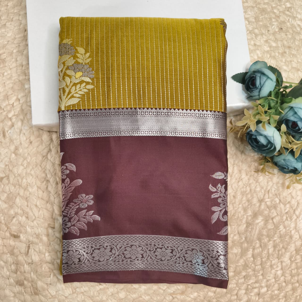 Semi Kanchipuram Silk Saree- Olive Green and Deep Chocolate