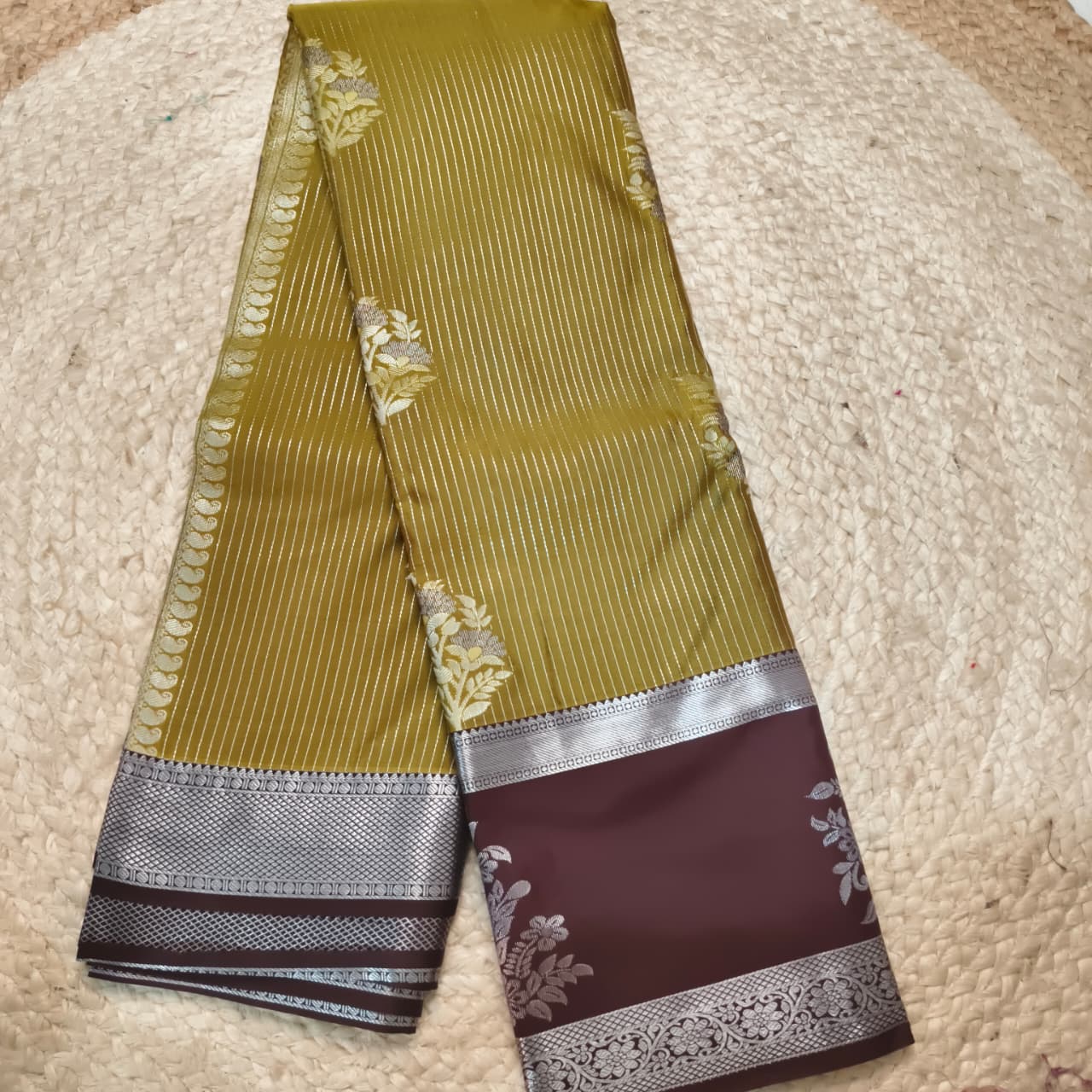 Semi Kanchipuram Silk Saree- Olive Green and Deep Chocolate