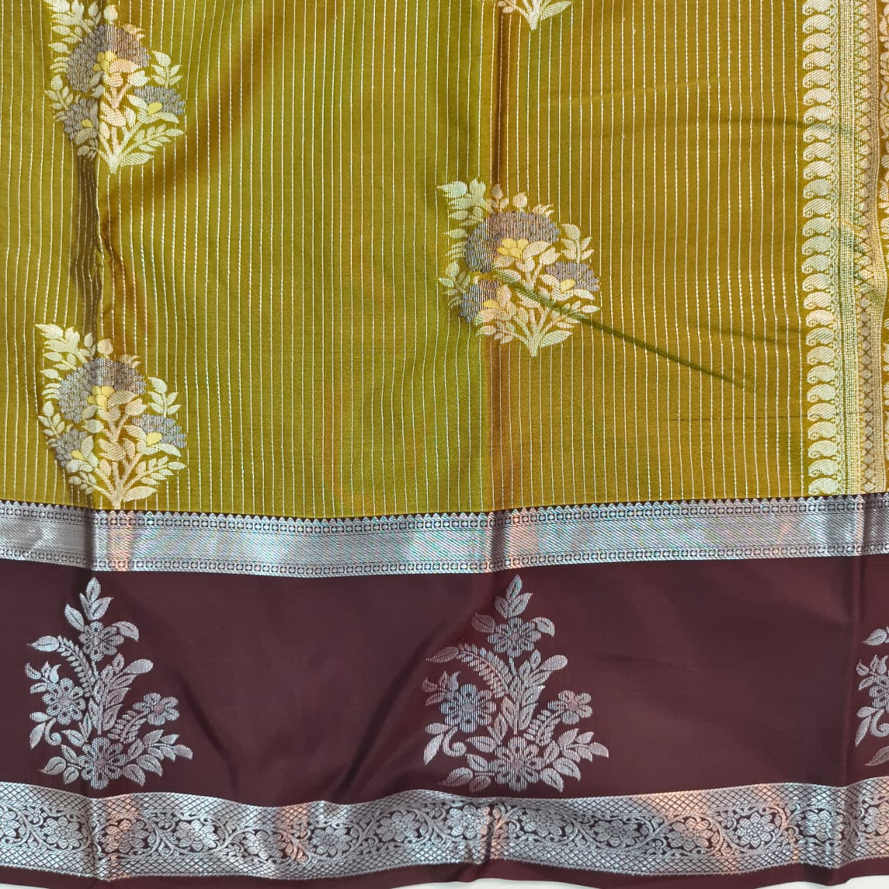 Semi Kanchipuram Silk Saree- Olive Green and Deep Chocolate