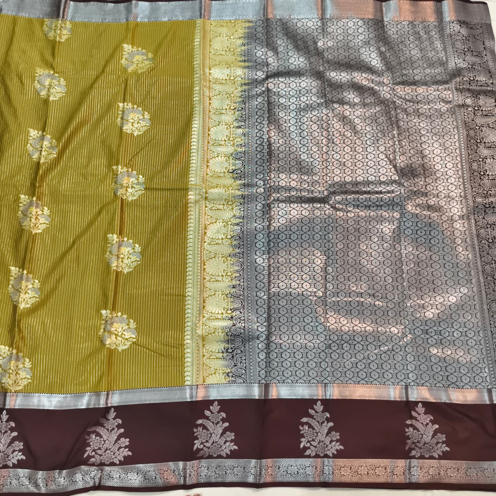 Semi Kanchipuram Silk Saree- Olive Green and Deep Chocolate