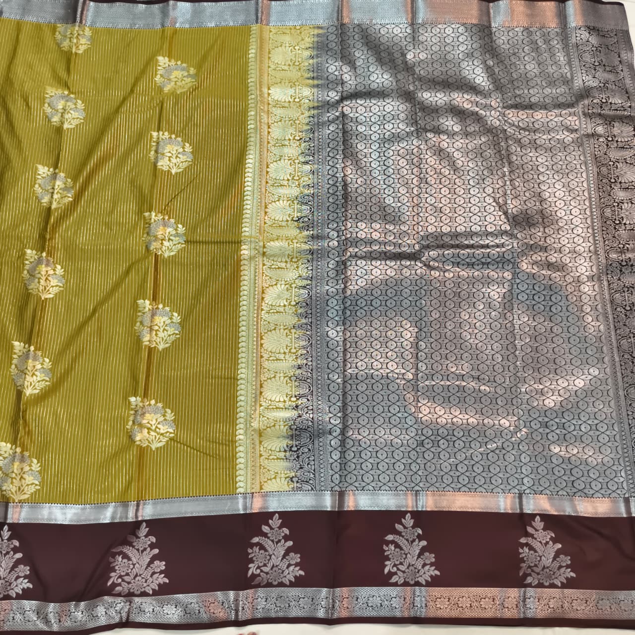Semi Kanchipuram Silk Saree- Olive Green and Deep Chocolate