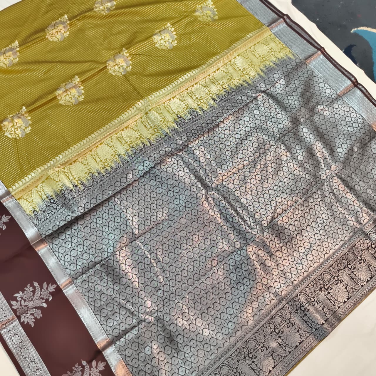 Semi Kanchipuram Silk Saree- Olive Green and Deep Chocolate