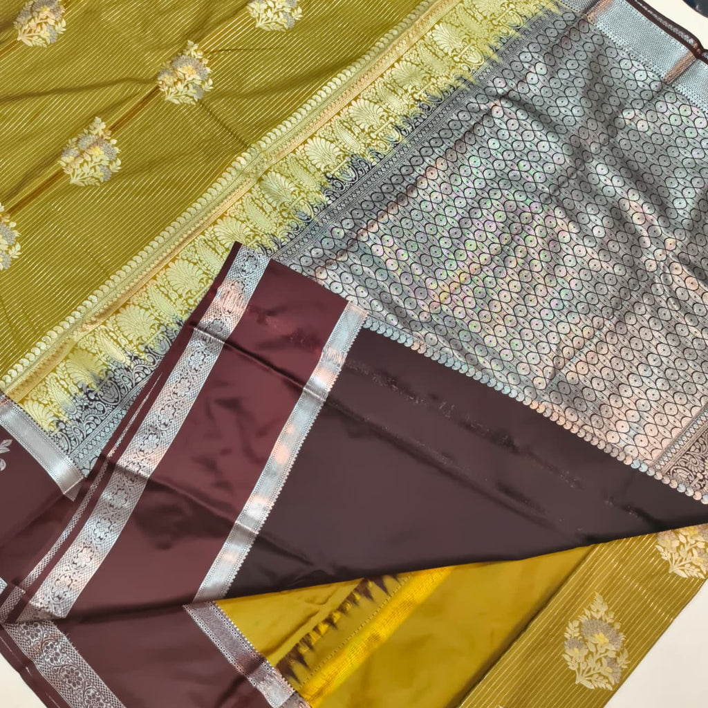 Semi Kanchipuram Silk Saree- Olive Green and Deep Chocolate