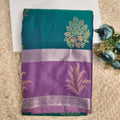 Semi Kanchipuram Silk Saree- Peacock Blue and Light Purple Contrast