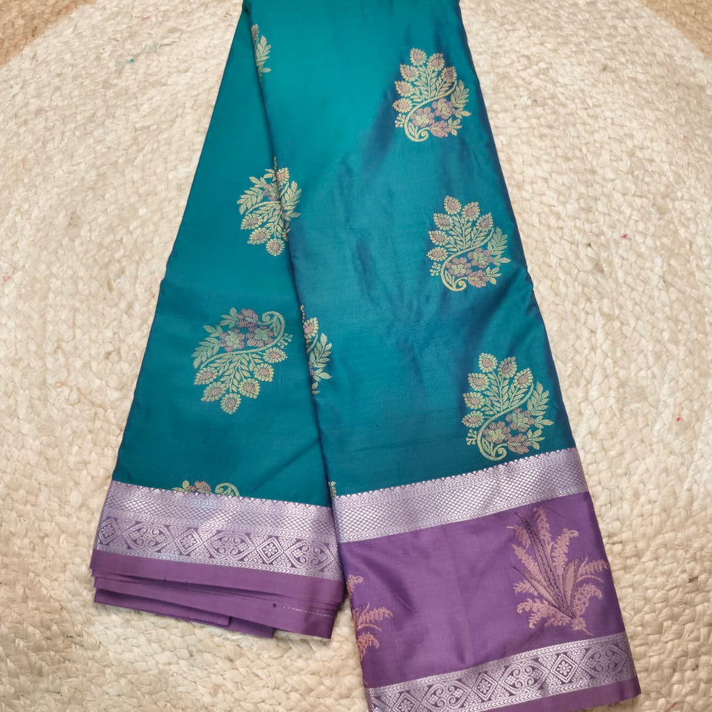 Semi Kanchipuram Silk Saree- Peacock Blue and Light Purple Contrast