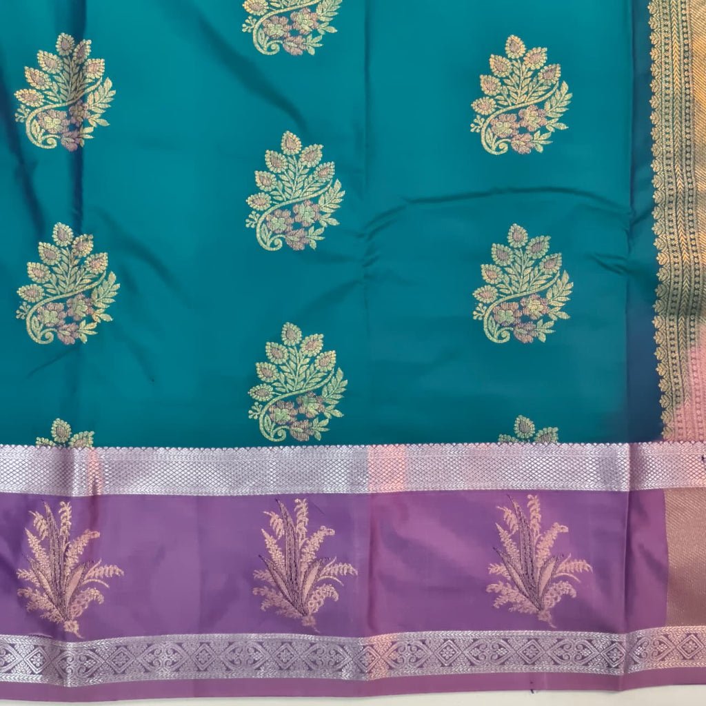 Semi Kanchipuram Silk Saree- Peacock Blue and Light Purple Contrast