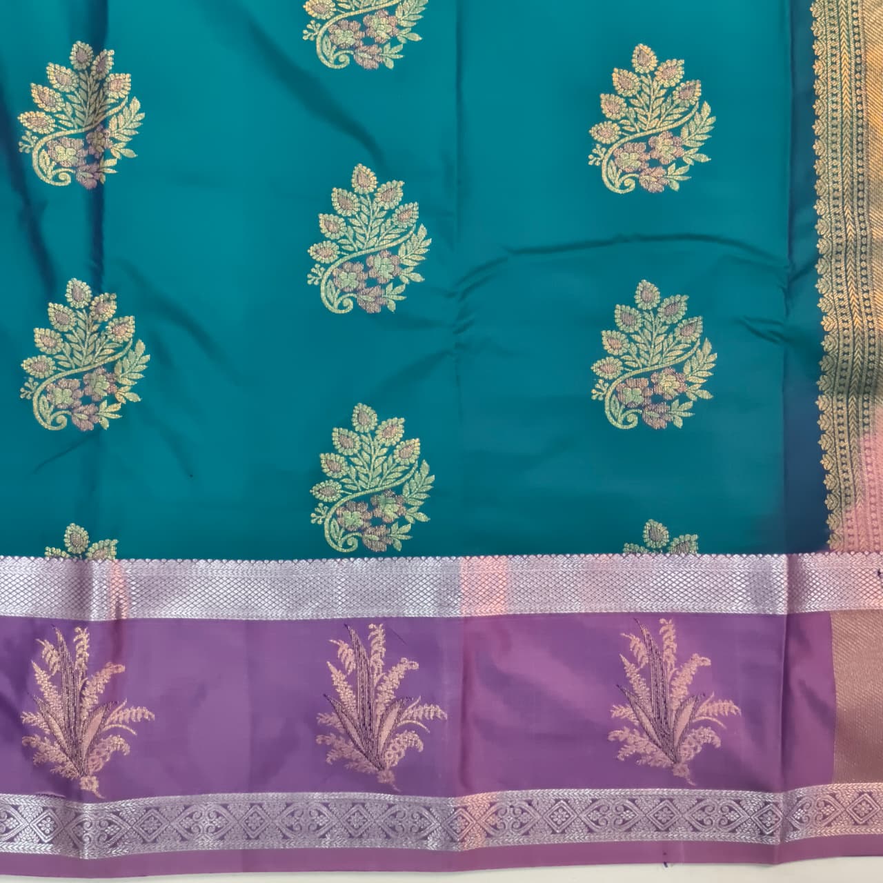 Semi Kanchipuram Silk Saree- Peacock Blue and Light Purple Contrast