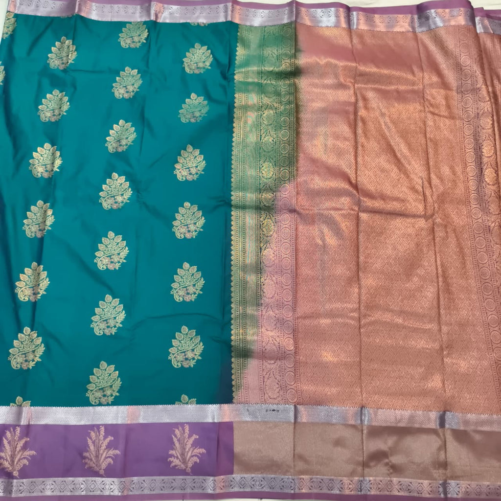 Semi Kanchipuram Silk Saree- Peacock Blue and Light Purple Contrast