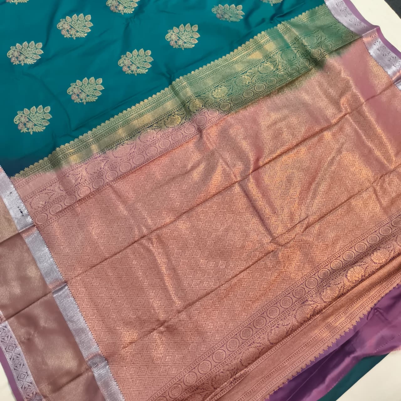 Semi Kanchipuram Silk Saree- Peacock Blue and Light Purple Contrast